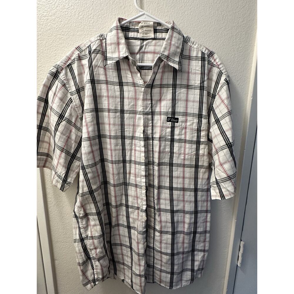 VTG G-Unit Plaid White Black Red Heavyweight Short Sleeve Pockets Cotton Shirt L
